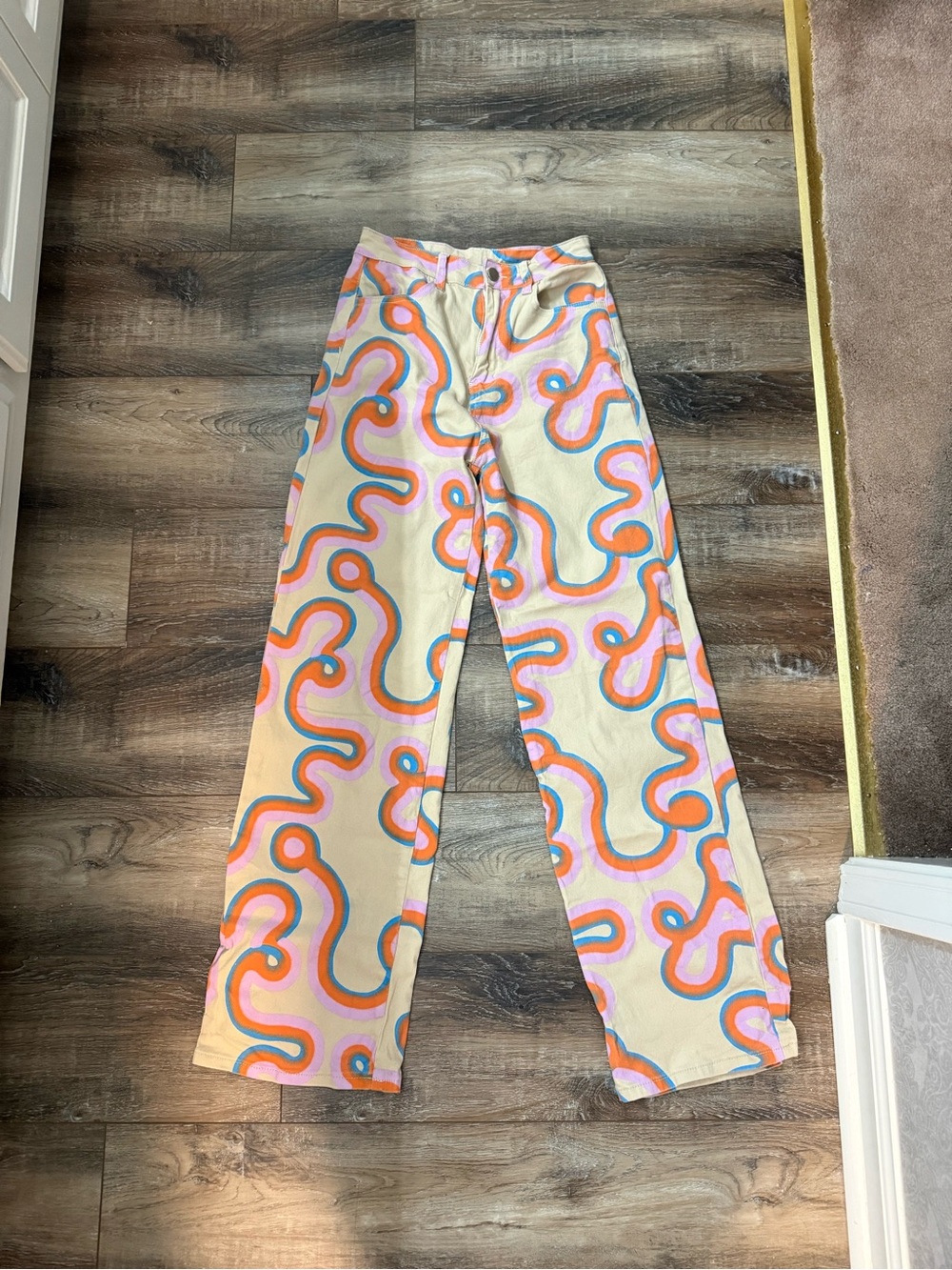 Womens Cream Multicolor Retro Print Jeans